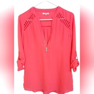 Maurices Women's Coral Pink Zip Up Adjustable Sleeve Blouse-Size XS EUC
